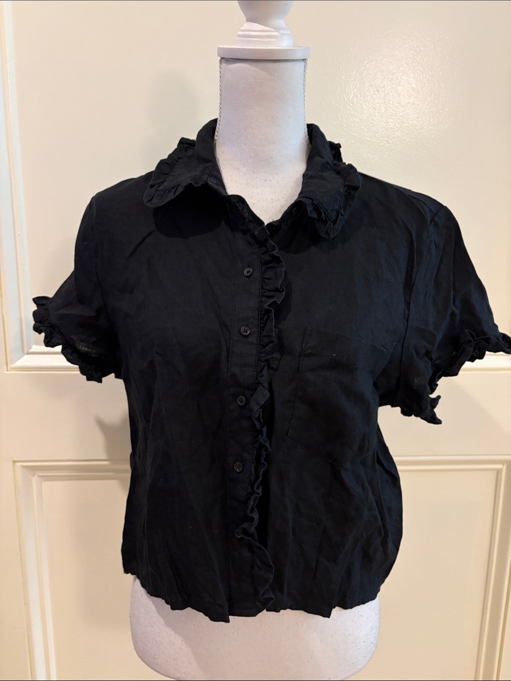 J. Crew Black Linen Ruffle-Trim Short Sleeve Button-Down Shirt